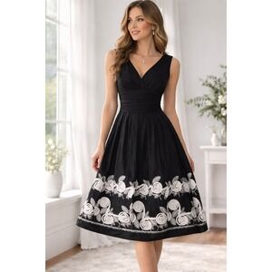 SL Fashions Black Dress Womens 10 Fit Flare Floral Hem Sleeveless Party